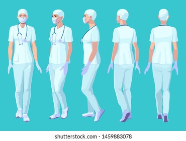 five vector images of a turning character doctor. Front, profile, three-quarter, back. Female figure