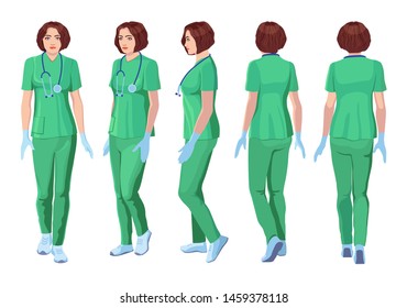 five vector images of a turning female general doctor. Front, profile, three-quarter, back. Female figure