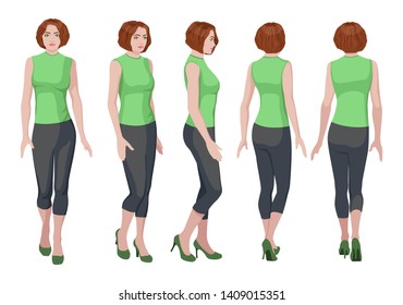 five vector images of a turning woman. Front, profile, three-quarter, back