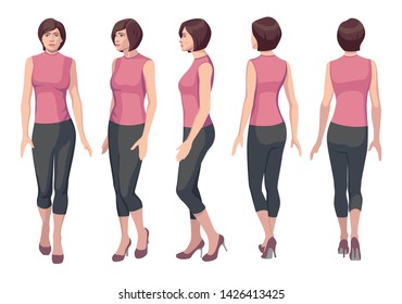 five vector images of a turning woman. Front, profile, three-quarter, back. Female figure