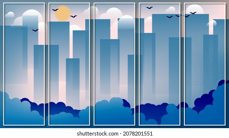 Five vector images in white frames on the theme of the metropolis. Silhouettes of skyscrapers, urban greenery against the sky with the sun, clouds, flying birds. A template for your projects. 