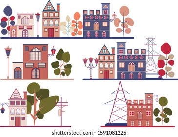 Five vector landscape setups which include forms of buildings, trees, street lamps and electricity poles.