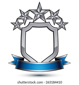 Five vector pentagonal silver stars with wavy ribbon placed on a protection shield, 3d sophisticated design element, clear EPS 8 emblem.