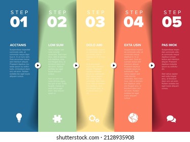 Five vector progress block steps template with descriptions, big numbers. Five fresh color vertical column stripe steps in sequence with tasks descriptions