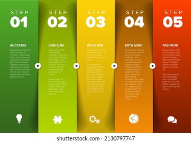 Five vector progress block steps template with descriptions, big numbers. Five fresh color vertical column stripe steps in sequence with tasks descriptions