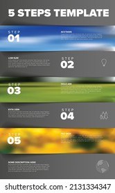 Five vector progress block steps template with descriptions, big numbers and icons and bigh photo placeholders in the background. Five horizontal steps in vertical sequence with tasks descriptions