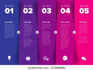 Five vector progress block steps template with descriptions, big numbers. Five fresh color vertical column stripe steps in sequence with tasks descriptions - blue purple version