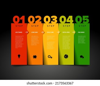 Five vector progress block steps template with descriptions, big numbers. Five fresh color vertical column stripe steps in sequence with tasks descriptions and shadows on dark background