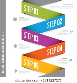 Five vector progress block steps template with descriptions, big numbers. Five fresh colorfolded paper stripe steps in sequence with tasks descriptions, icons and shadows