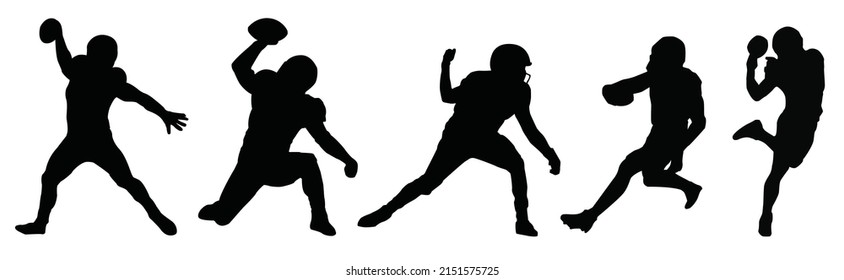 five vector set of football player silhouettes ,american football players, group of football players. Set of ink drawing illustrations. Isolated vector silhouettes 