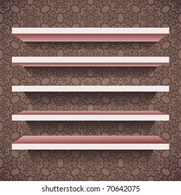 five vector shelves on brown wallpaper background. Vector illustration