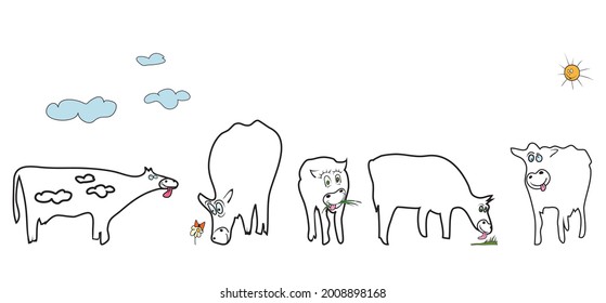 five vector silhouettes of very cheerful playful cows. free grazing in a good mood