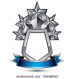 Cinco estrellas de plata vectorial con cinta ondulada colocada sobre un escudo de protección, elemento de diseño pentagonal sofisticado 3d, emblema EPS 8 transparente.