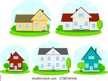 five vector yellow, white, grey, blue, red houses