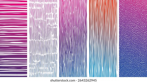 Five vertical abstract patterns featuring gradient color backgrounds and white lines creating striped and textured effects in pink purple blue and red hues