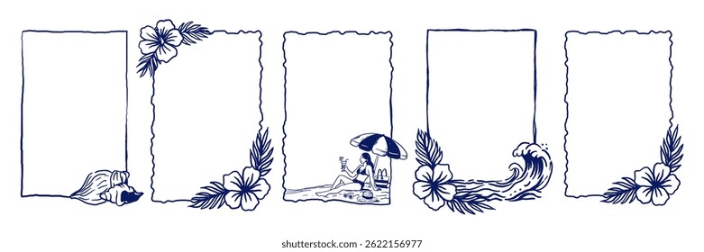 Five vertical frames with summer elements: beach, waves and flowers