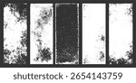 Five vertical panels display abstract black and white distressed grunge textures with rough edges and scattered speckles.