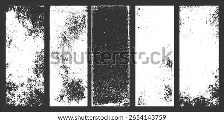 Five vertical panels display abstract black and white distressed grunge textures with rough edges and scattered speckles.