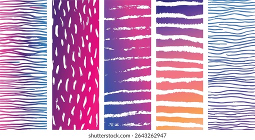 Five vertical panels feature hand-drawn brush stroke stripes in gradient colors blue purple pink orange white. White space separates each panel.