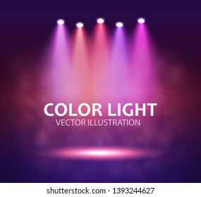 Five vertical Spotlight on stage for your design. Colorful light. Vector illustration.