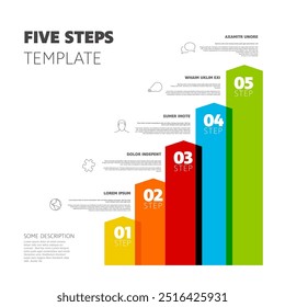 Five vertical steps progress procedure infochart template with descriptions icons titles and big numbers on semi transparent arrows. Simple inographic describing some process with five steps