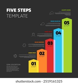 Five vertical steps progress procedure infochart template with descriptions icons titles and big numbers on semi transparent arrows. Simple inographic describing some process with five steps