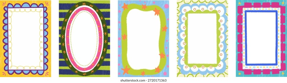 Five vibrant, child-friendly photo frames with playful border designs, perfect for albums, social media posts, and children's activity sheets.