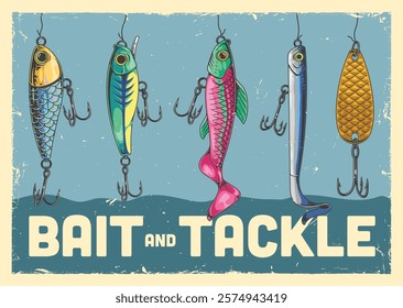 Five vibrant fishing lures hang from hooks against a textured background. The lures vary in design and color showcasing their appeal for anglers. Ideal for fishing enthusiasts.