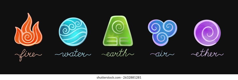 Cinco glifos vibrantes em vetor representando os elementos fogo, água, terra, ar e éter, com rótulos manuscritos abaixo. Perfeito para projetos que precisam de um toque de magia ou harmonia natural.