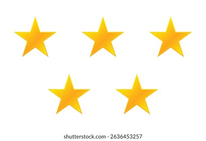 Five vibrant golden stars arranged in a clear pattern, ideal for ratings, reviews, or achievement indicators.