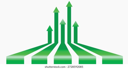 Fünf lebendige grüne Pfeile ragen von einer gemeinsamen Basis empor und symbolisieren stetiges Wachstum, Fortschritt und Aufwärtsdynamik in der Wirtschaft, im Finanzwesen und in verschiedenen Aspekten des Lebens.