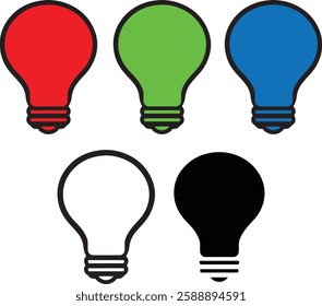 Five vibrant light bulb icons in various colors, representing ideas, innovation, and solutions