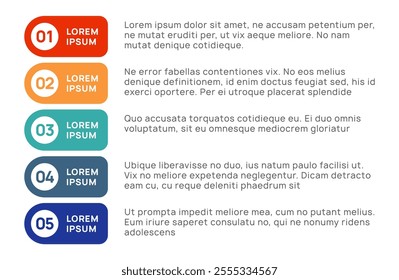 Five vibrant, numbered bullet points featuring example text, illustrating steps in a project or process, effectively conveying information in a clear and organized manner