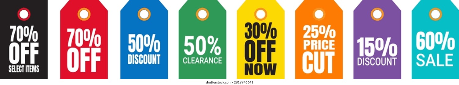 Five vibrant sale tags isolated on transparent background showing different discount percentages like seventy off fifty discount thirty off now twentyfive price cut sixty sale and fifteen discount