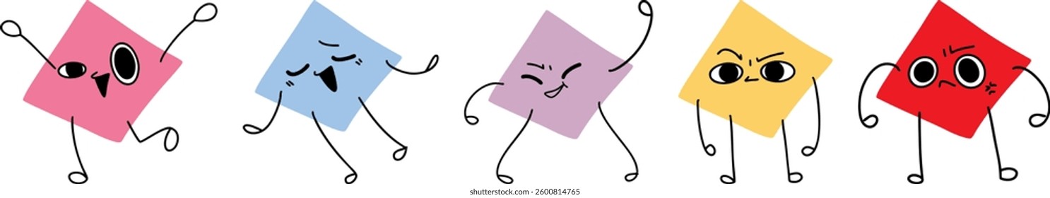 Five vibrant square-shaped cartoon characters with expressive faces and playful poses