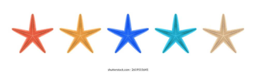 Five vibrant starfish arranged in a line, showcasing diverse colors from red to beige on a white background. Perfect for marinethemed designs. with copy space
