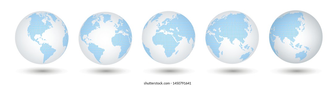 Five viewing angles - globes of Earth. Futuristic concept. 3D world maps in globe shape with transparent texture and shadow. Vector set from five viewing angles. Vector collection