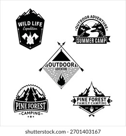 Cinco vintage negro camping expedición y aventura al aire libre emblemas colección