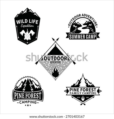 Five vintage black camping expedition and outdoor adventure emblems collection