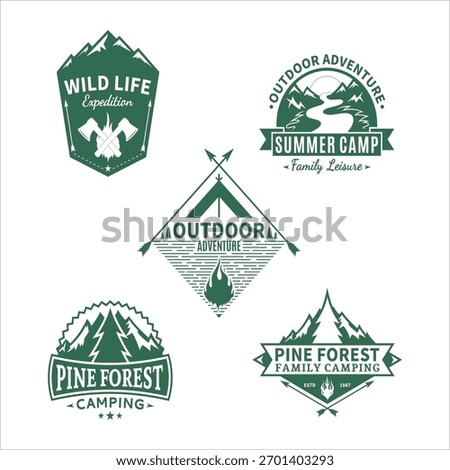 Five vintage green camping expedition and outdoor adventure emblems collection