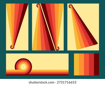 Cinco vintage listrado retro horizontal e vertical fundos no estilo dos anos 70 em tons amarelos e vermelhos