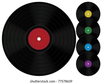 Five vinyl records with different labels.