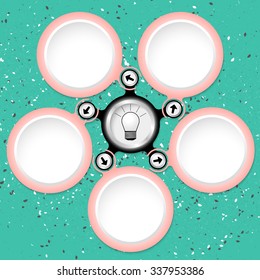 Five violet circular text boxes and bulb