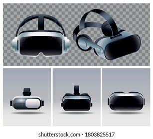 five virtual reality masks accessories with gray and checkered backgrounds vector illustration design