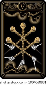 Five of wands. Card of Minor arcana black and gold tarot cards. Tarot deck. Vector hand drawn illustration with occult, mystical and esoteric symbols.