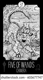 Five of wands. Chimera. Minor Arcana Tarot card. Fantasy line art illustration. Engraved vector drawing. See all collection in my portfolio set