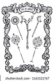 Five of wands. Minor Arcana tarot card. The Magic Gate deck. Fantasy engraved vector illustration with occult mysterious symbols and esoteric concept