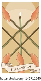 Five of wands. Tarot cards. Five hands holding rods and light stick in the center.