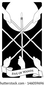 Five of wands. Tarot cards. Five hands holding rods and light stick in the center.