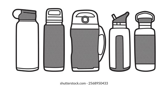 five water bottle images, black and white line art, vector,